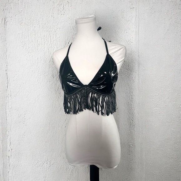 Black faux latex Fringe Halter Top festival whimsigoth punk XL - Picture 1 of 5